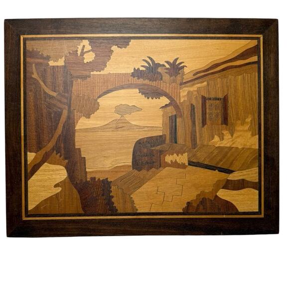 Vintage Italian Wooden Art Marquetry Plaque Sorrento Italy Seaside Villiage - Picture 1 of 1